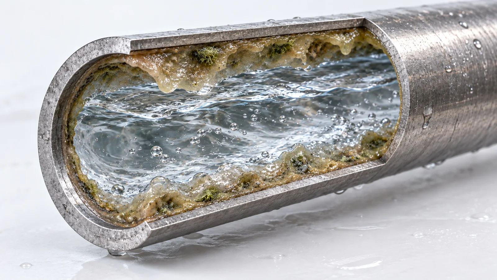 Darstellung von Biofilm und Ablagerungen im Inneren einer Trinkwasserleitung