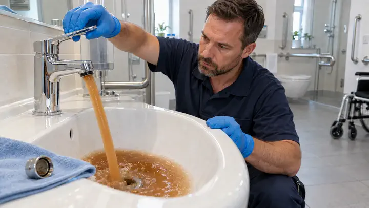 Kind dreht einen Wasserhahn auf, aus dem klares Trinkwasser fließt