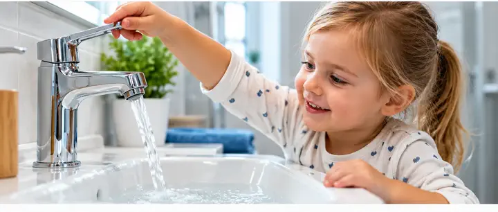 Kind dreht einen Wasserhahn auf, aus dem klares Trinkwasser fließt